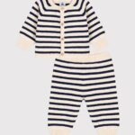 PETIT BATEAU Completo 2 pezzi a righe marinière in maglia di lana e cotone neonato