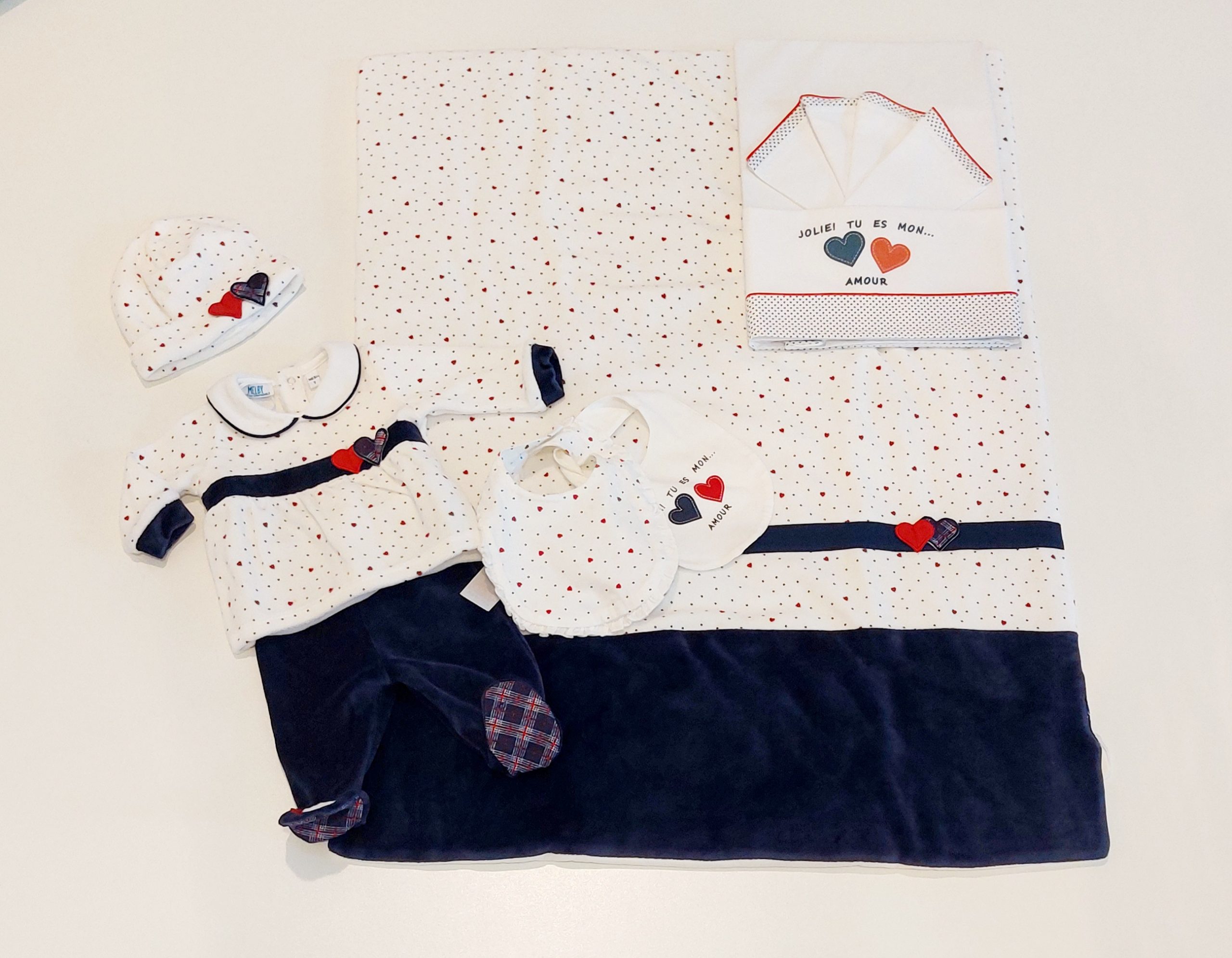 20240730_170542 MELBY Coordinato in ciniglia bianco-blu con cuoricini corredino nascita neonata - immagine 1